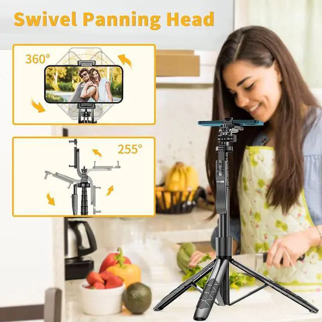 Alt view image 4 of 7 - 61" Selfie Stick Tripod, All in One Extendable Phone Tripod Stand with Wireless Remote 360° Rotation for iPhone and Android Phone Selfies, Video Recording, Vlogging, Live Streaming, Aluminum
