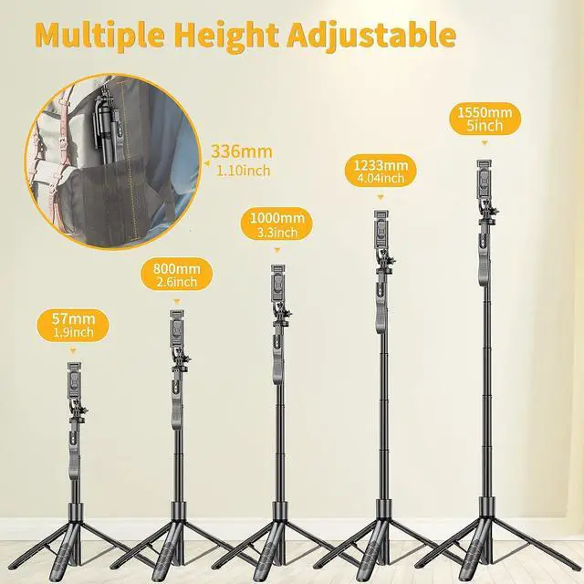 Alt view image 5 of 7 - 61" Selfie Stick Tripod, All in One Extendable Phone Tripod Stand with Wireless Remote 360° Rotation for iPhone and Android Phone Selfies, Video Recording, Vlogging, Live Streaming, Aluminum