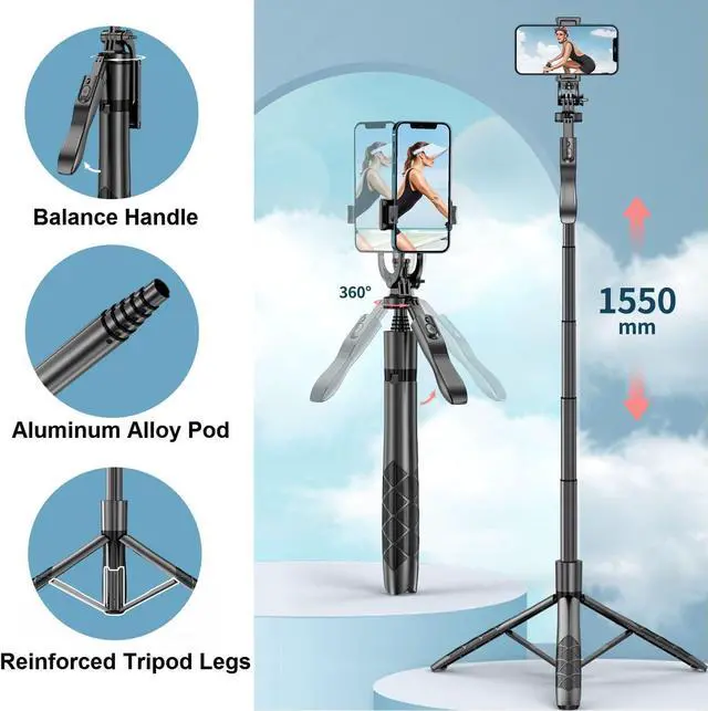 Alt view image 3 of 6 - Selfie Stick Phone Tripod with Remote - 60" Extendable Tripod Stand for iPhone Android Camera 360° Rotation Overhead Tripod Phone Holder iPhone Stabilizer for Video Recording Vlog Live Stream