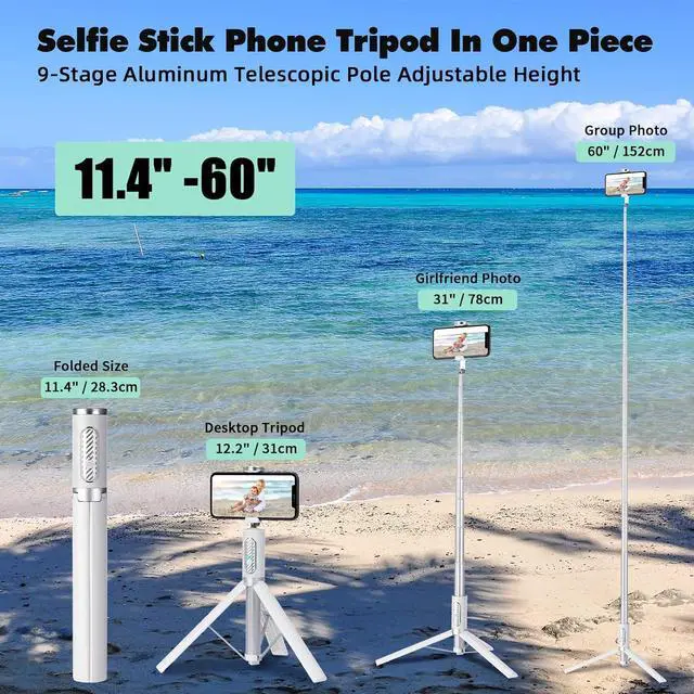 Alt view image 3 of 7 - 60" Aluminum Selfie Stick Tripod for iPhone and Android with Remote,Travel Tripod, Phone Tripod Stand 270 Rotation for iPhone 14/13/12/11 Pro/XS Max/XS/XR/X, Samsung and Smartphone White