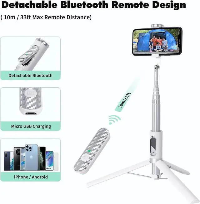 Alt view image 5 of 7 - 60" Aluminum Selfie Stick Tripod for iPhone and Android with Remote,Travel Tripod, Phone Tripod Stand 270 Rotation for iPhone 14/13/12/11 Pro/XS Max/XS/XR/X, Samsung and Smartphone White