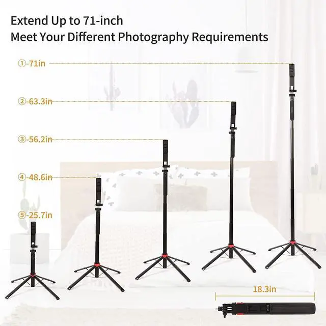 Alt view image 5 of 7 - 71" Tall Selfie Stick Tripod with Remote, Upgrade Aluminum Alloy Quadripod, Extendable Anti-Shake Selfie Stick with Balance Handle 1/4 Screw, Compatible with iPhone/Android/GoPro/Insta360