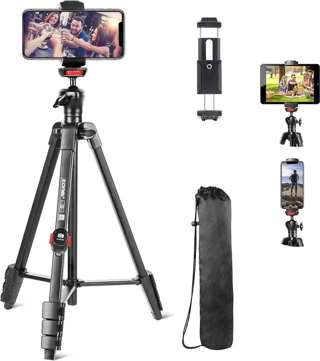 Main image of Cell Phone Tripod, 54 Aluminum Travel Selfie Stick Phone Stand Tripod for iPhone and Android Cellphone & Camera with Shutter,Cellphone Tablet Holder,Upgrade Ball Head and Carrying Bag
