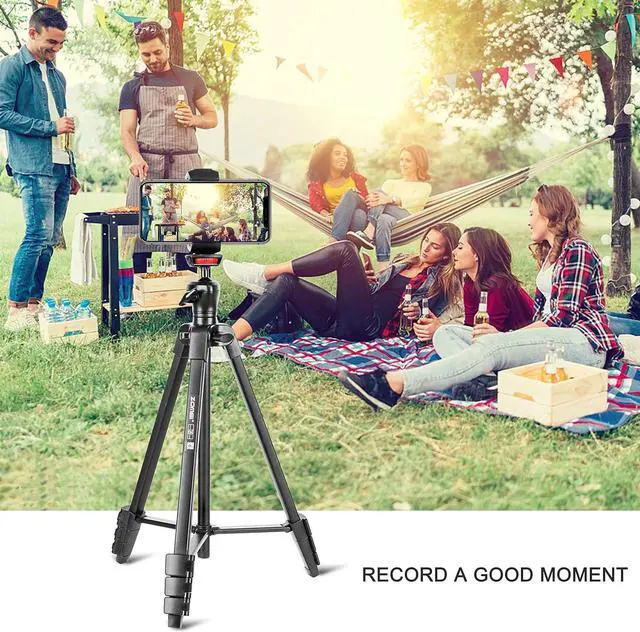 Alt view image 4 of 7 - Cell Phone Tripod, 54 Aluminum Travel Selfie Stick Phone Stand Tripod for iPhone and Android Cellphone & Camera with Shutter,Cellphone Tablet Holder,Upgrade Ball Head and Carrying Bag
