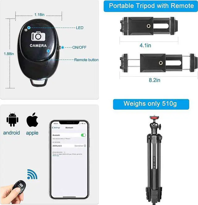 Alt view image 5 of 7 - Cell Phone Tripod, 54 Aluminum Travel Selfie Stick Phone Stand Tripod for iPhone and Android Cellphone & Camera with Shutter,Cellphone Tablet Holder,Upgrade Ball Head and Carrying Bag