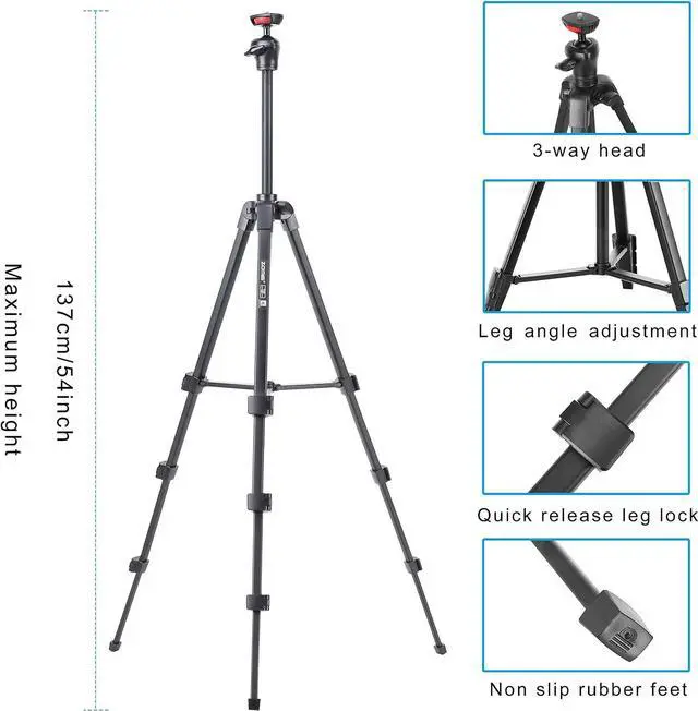 Alt view image 2 of 7 - Cell Phone Tripod, 54 Aluminum Travel Selfie Stick Phone Stand Tripod for iPhone and Android Cellphone & Camera with Shutter,Cellphone Tablet Holder,Upgrade Ball Head and Carrying Bag