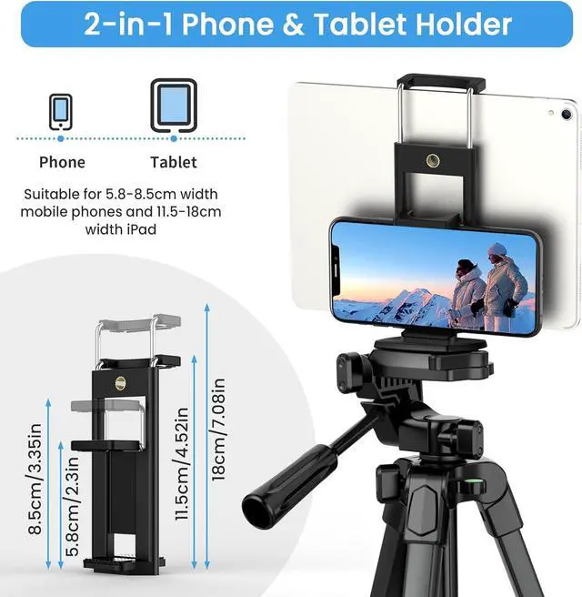 Alt view image 2 of 7 - 67" Phone Tripod, MACTREM Tripod Stand for iPad iPhone Tablet Camera with 2 in 1 Mount & Wireless Remote, Aluminum Extendable iPhone Tripod for Video Recording/Selfies/Live Stream/Vlogging