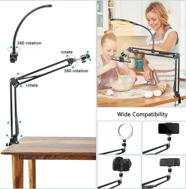 Alt view image 5 of 7 - Overhead Phone Mount with Ring Light, Flexible Articulating Arm for Top-Down Recording