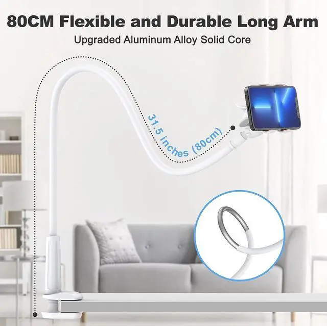 Alt view image 2 of 7 - Gooseneck Cell Phone Holder, Universal 360 Flexible Phone Stand Lazy Bracket Mount Long Arms Clamp for Phone 13 Pro Xs Max XR X 8 7 6 6s Plus and Other 3.5~6.7'' Device (White)