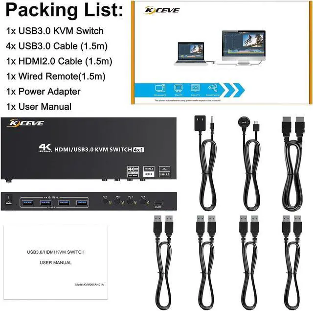 Alt view image 4 of 4 - USB 3.0 KVM Switch HDMI 4 Port Support 4K@60Hz 2K@120Hz Simulation EDID,MLEEDA HDMI USB Switch for 4 Computers Share 1 Monitor and 4 USB 3.0 Port,with Desktop Controller and KVM Cables