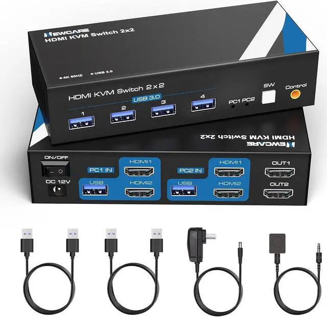 Main image of Ennovor 4K@60Hz KVM Switch HDMI, NEWCARE kvm Switch 1 Monitors 2 Computers, USB KVM Switch with USB Cable (4K@60Hz HDMI 2 PC 2 Monitor)