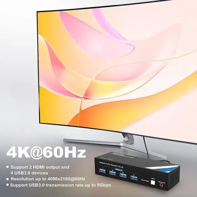 Alt view image 4 of 7 - Ennovor 4K@60Hz KVM Switch HDMI, NEWCARE kvm Switch 1 Monitors 2 Computers, USB KVM Switch with USB Cable (4K@60Hz HDMI 2 PC 2 Monitor)