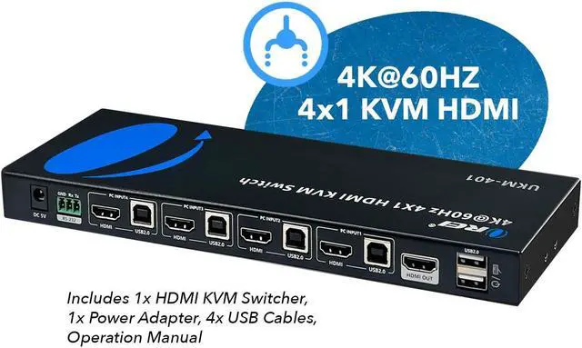 Alt view image 3 of 7 - OREI USB 2.0 4x1 HDMI KVM Switch 4K@60Hz with RS-232 Control | 4 Computers 1 Monitor | HDMI 2.0 & HDCP 2.2 (UKM-401)