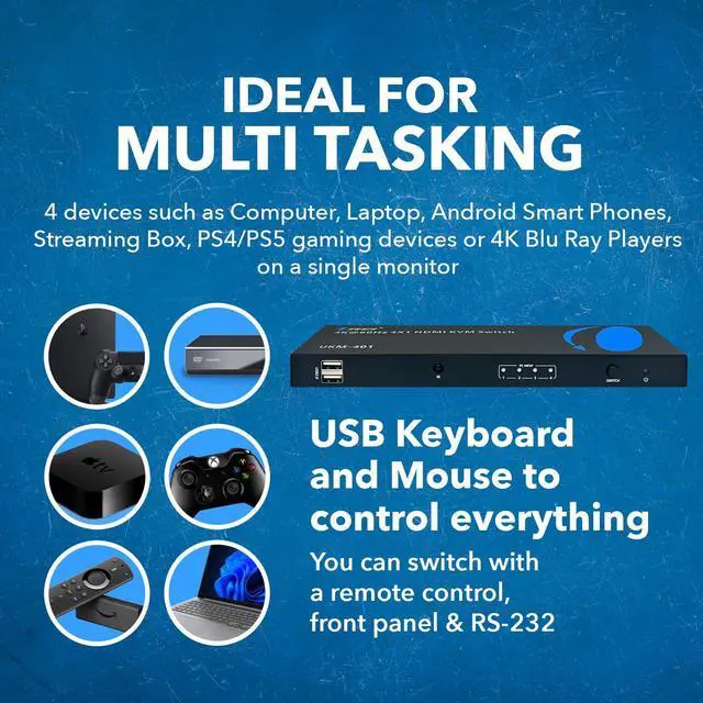 Alt view image 7 of 7 - OREI USB 2.0 4x1 HDMI KVM Switch 4K@60Hz with RS-232 Control | 4 Computers 1 Monitor | HDMI 2.0 & HDCP 2.2 (UKM-401)