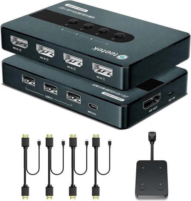 Main image of HDMI KVM Switch 4 Computers 1 Monitor, Wired Remote & Button Switching, KVM Switches with UHD 4K@30Hz, 3 USB 2.0 Hub, 4 Port KVM Switch for 4 Computers Share 1 Monitor and 1 Set of Keyboard Mouse