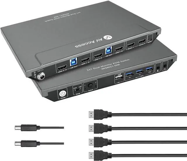 Main image of AV Access KVM Switch Dual Monitor with 4 HDMI Cables, 4K@60Hz, 2K@144Hz, 1080P@240Hz, USB 3.0 KVM Switch 2 Monitors 2 Computers, Ultra-Wide Screen Monitor Keyboard Mouse Switcher, Hotkey Switch