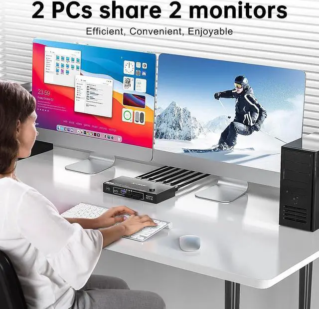 Alt view image 2 of 7 - MST Displayport KVM Switch 2 Monitors 2 Computers 4K@144Hz,(1 DP in,DP+HDMI Out),Camgeet Dual Monitor KVM Switch Displayport 1.4 with 4 USB 3.0 Port for USB Device,Wired Remote and 4 Cables Included