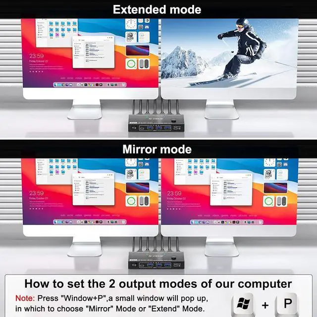Alt view image 7 of 7 - MST Displayport KVM Switch 2 Monitors 2 Computers 4K@144Hz,(1 DP in,DP+HDMI Out),Camgeet Dual Monitor KVM Switch Displayport 1.4 with 4 USB 3.0 Port for USB Device,Wired Remote and 4 Cables Included