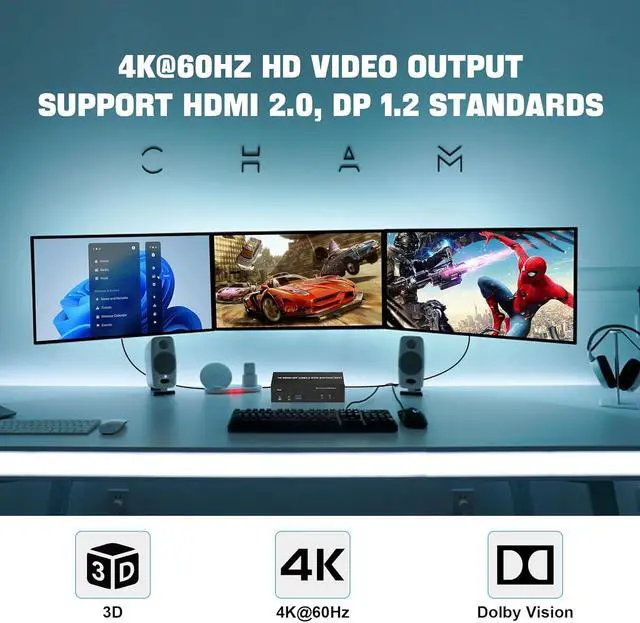 Alt view image 4 of 7 - USB 3.0 HDMI + 2 DisplayPort KVM Switch 3 Monitors 2 Computers, 4K@60Hz Triple Monitor KVM Switch for 2 Computers Share 3 Monitors with 3 USB 3.0 Ports and Audio Microphone, Keyboard Mouse Switcher