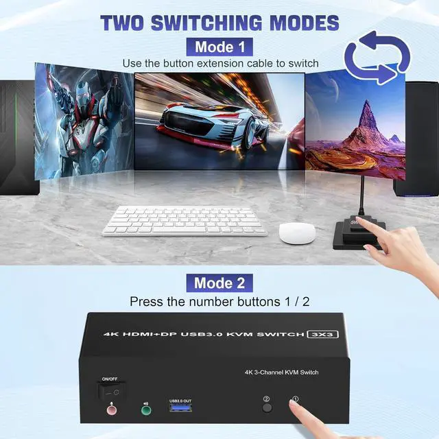 Alt view image 7 of 7 - USB 3.0 HDMI + 2 DisplayPort KVM Switch 3 Monitors 2 Computers, 4K@60Hz Triple Monitor KVM Switch for 2 Computers Share 3 Monitors with 3 USB 3.0 Ports and Audio Microphone, Keyboard Mouse Switcher