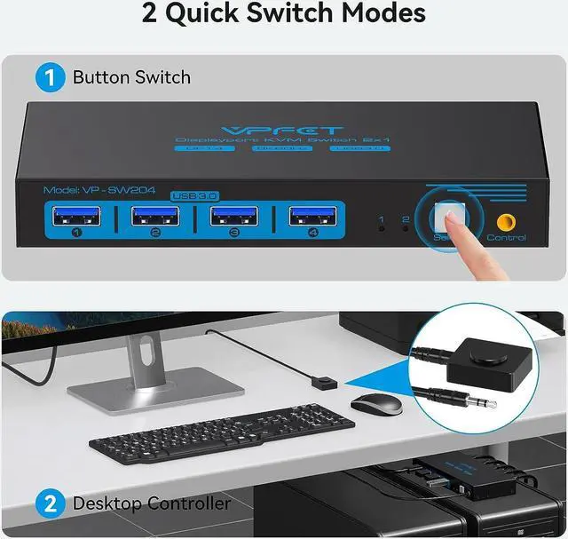 Alt view image 6 of 7 - 8K@60Hz Displayport Kvm Switch 1 Monitors 2 Computers USB 3.0 DP1.4 Kvm Switches Display Port for Two Computers Share Single Screen Mouse Keyboard and 2 Additional Peripherals
