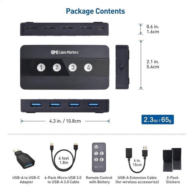 Alt view image 6 of 7 - Cable Matters 4 Port USB 3.0 Switch USB Sharing Switch for 4 Computers and USB Peripherals - Button or Wireless Remote Control Switching - Includes a USB-C Adapter for USB-C USB4 and Thunderbolt 4