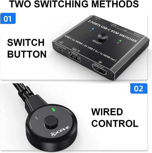 Alt view image 4 of 7 - Ennovor USB Type C KVM Switch - 4K@60Hz, 2-Port Type C to HDMI, Share 1 Monitor, Wired Remote, USB-C Cable