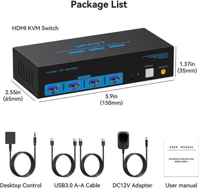 Alt view image 7 of 7 - 8K HDMI KVM Switch 2 Monitors 2 Computers Dual Monitor Support 8K@60Hz 4K@120Hz KVM Switcher PC Extended Display for 2 Port Share 4 USB 3.0 HUB Desktop Controller and 2 USB Cables Included