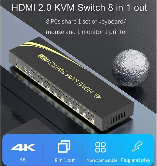 Alt view image 2 of 6 - eKL KVM Switch, 8 Port v2.0 HDMI KVM Switch Supports Hotkeys Swapping 4K@60Hz 4:4:4 1080p 3D, 8 in 1 Out 8 PCs Sharing with One Set of Keyboard and Mouse