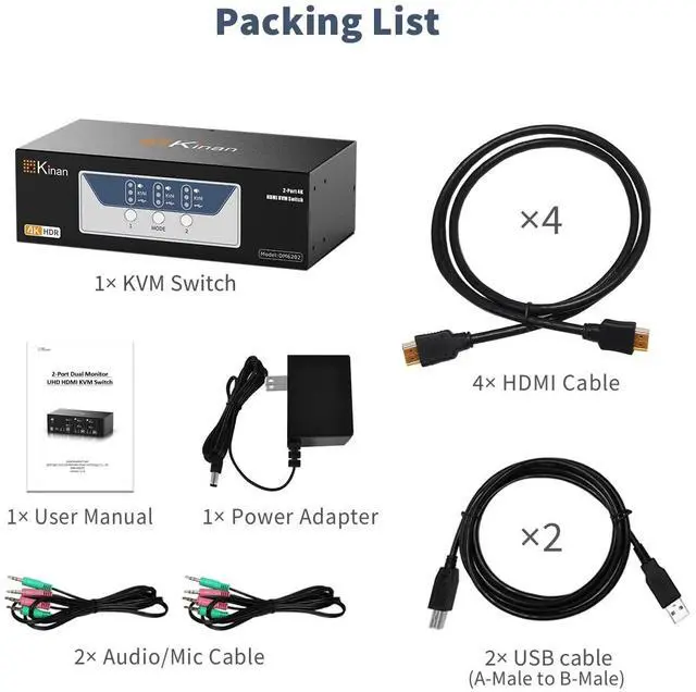 Alt view image 6 of 6 - HDMI KVM Switch 2 Monitors 2 Computers 4K@60Hz, Dual Monitor KVM Switch HDMI 2 Port Extended Display, Audio&Microphone, EDID Emulators, Button Switch with USB Peripheral,Hotkey Switch, Cables Included