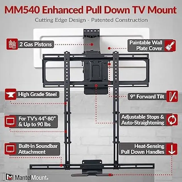 Alt view image 3 of 6 - MantelMount MM540 - Above Fireplace Pull Down TV Mount for 40 to 80 Screen TVs to 90 lbs, with Patented auto-straightening, Adjustable Stops, Heat Sensor Handles & Paintable Covers