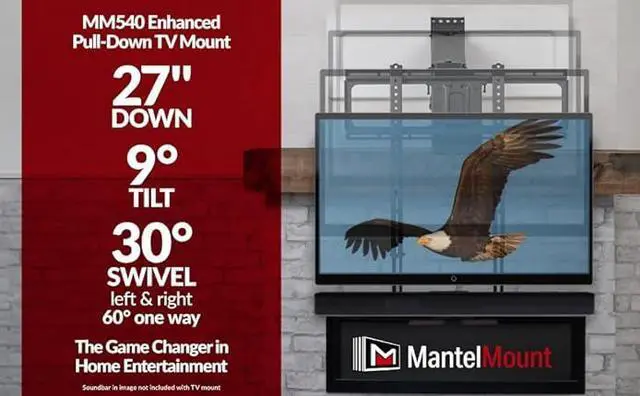 Alt view image 5 of 6 - MantelMount MM540 - Above Fireplace Pull Down TV Mount for 40 to 80 Screen TVs to 90 lbs, with Patented auto-straightening, Adjustable Stops, Heat Sensor Handles & Paintable Covers