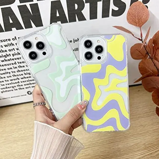 Alt view image 2 of 6 - Sayoaho Compatible with iPhone 12 Pro/iPhone 12 Phone Case, Cute Art Wavy Painted for Women Girls, Soft TPU Edge PC Back Protective Shockproof Phone Case-Green (iPhone 12 Pro/iPhone 12)