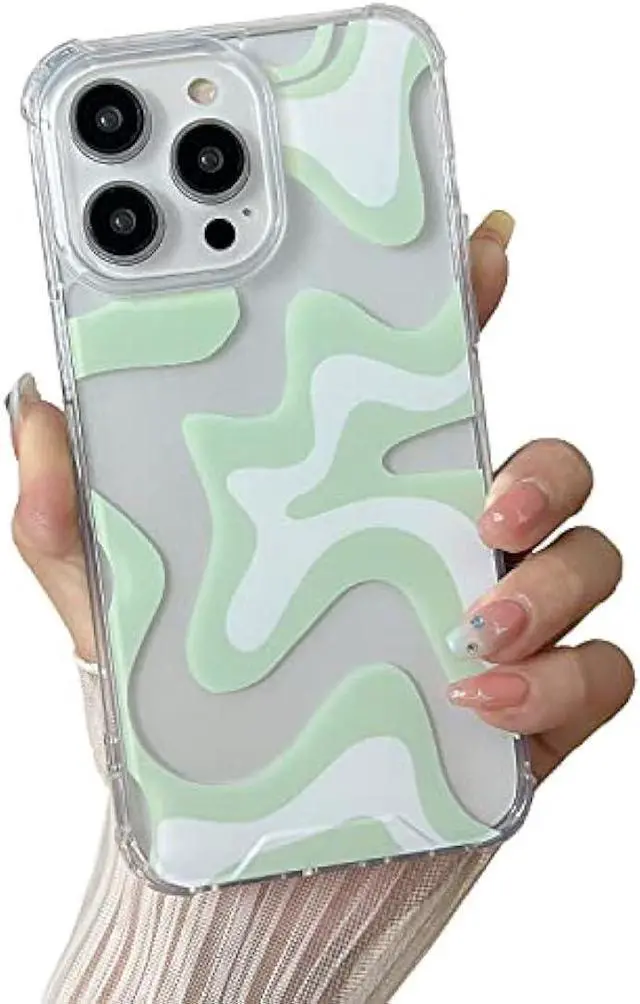 Main image of Sayoaho Compatible with iPhone 12 Pro/iPhone 12 Phone Case, Cute Art Wavy Painted for Women Girls, Soft TPU Edge PC Back Protective Shockproof Phone Case-Green (iPhone 12 Pro/iPhone 12)