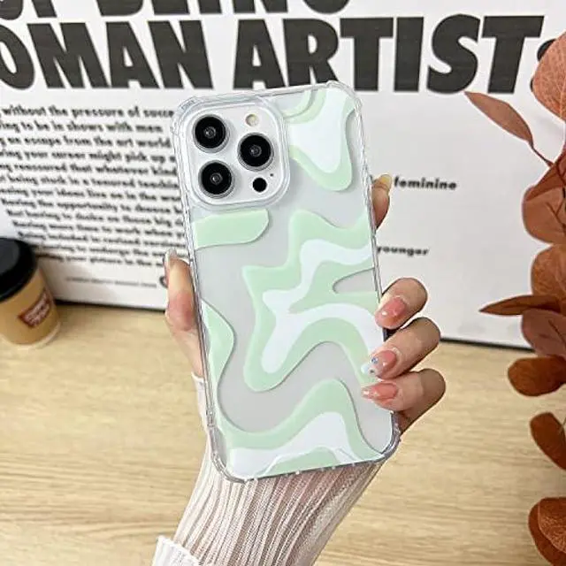 Alt view image 4 of 6 - Sayoaho Compatible with iPhone 12 Pro/iPhone 12 Phone Case, Cute Art Wavy Painted for Women Girls, Soft TPU Edge PC Back Protective Shockproof Phone Case-Green (iPhone 12 Pro/iPhone 12)