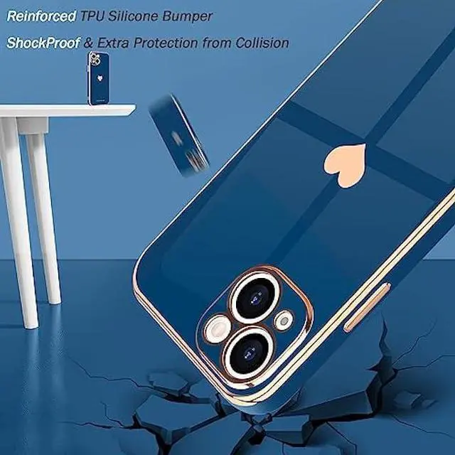 Alt view image 5 of 6 - Teageo Compatible with iPhone 13 Case for Girl Women Cute Love-Heart Luxury Bling Plating Soft Back Cover Raised Camera Protection Bumper Silicone Shockproof Phone Case for iPhone 13, Royal Blue
