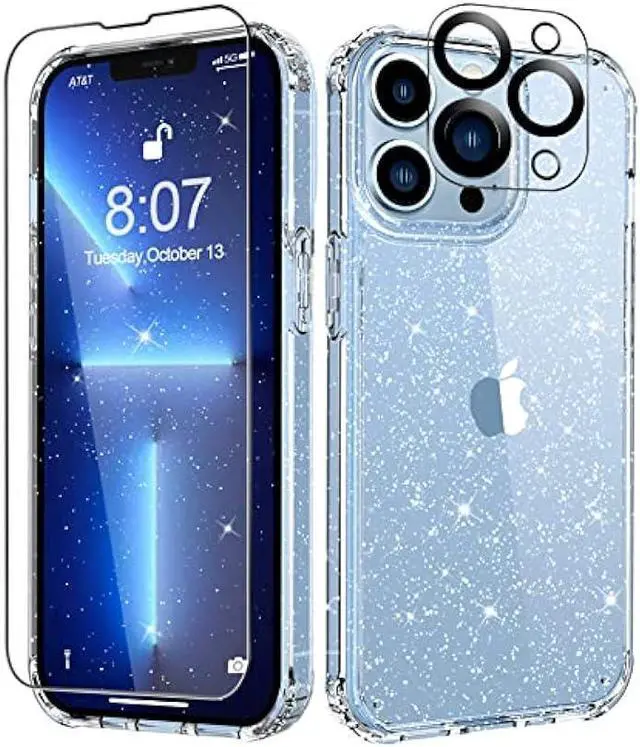 Main image of MIODIK for iPhone 13 Pro Case Clear Glitter, with Screen Protector + Camera Lens Protector, [Non-Yellowing] Crystal Women Girls Protective Shockproof Phone Case 6.1 inch - Twinkle Clear