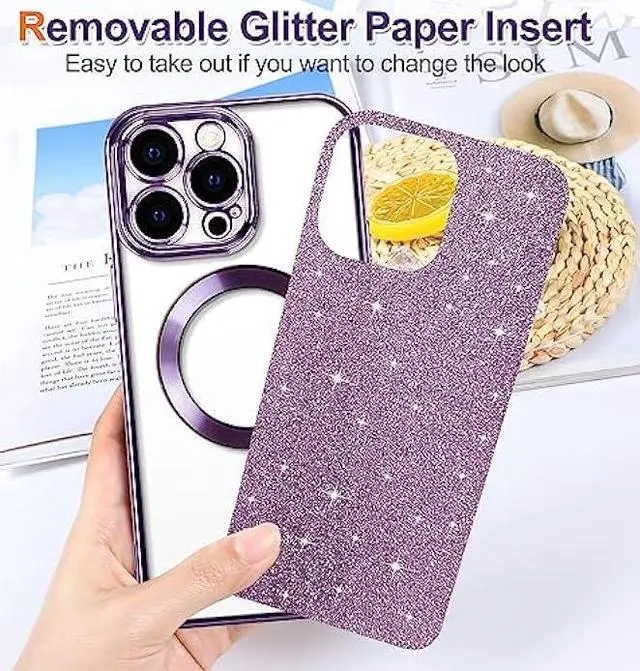 Alt view image 2 of 6 - Hython for iPhone 14 Pro Max Case Glitter, Clear Magnetic Phone Cases with Camera Lens Protector [Compatible with MagSafe] Bling Sparkle Plating Soft TPU Slim Shockproof Protective Cover Women-Purple