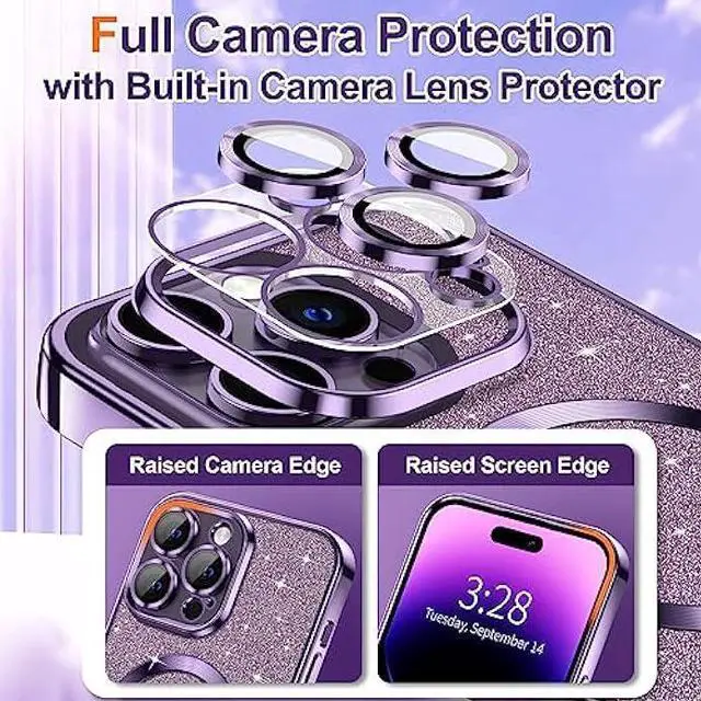 Alt view image 3 of 6 - Hython for iPhone 14 Pro Max Case Glitter, Clear Magnetic Phone Cases with Camera Lens Protector [Compatible with MagSafe] Bling Sparkle Plating Soft TPU Slim Shockproof Protective Cover Women-Purple