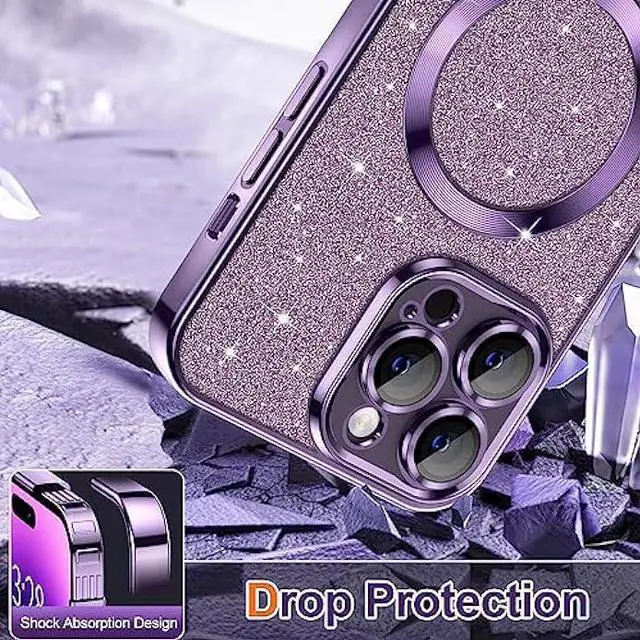 Alt view image 4 of 6 - Hython for iPhone 14 Pro Max Case Glitter, Clear Magnetic Phone Cases with Camera Lens Protector [Compatible with MagSafe] Bling Sparkle Plating Soft TPU Slim Shockproof Protective Cover Women-Purple