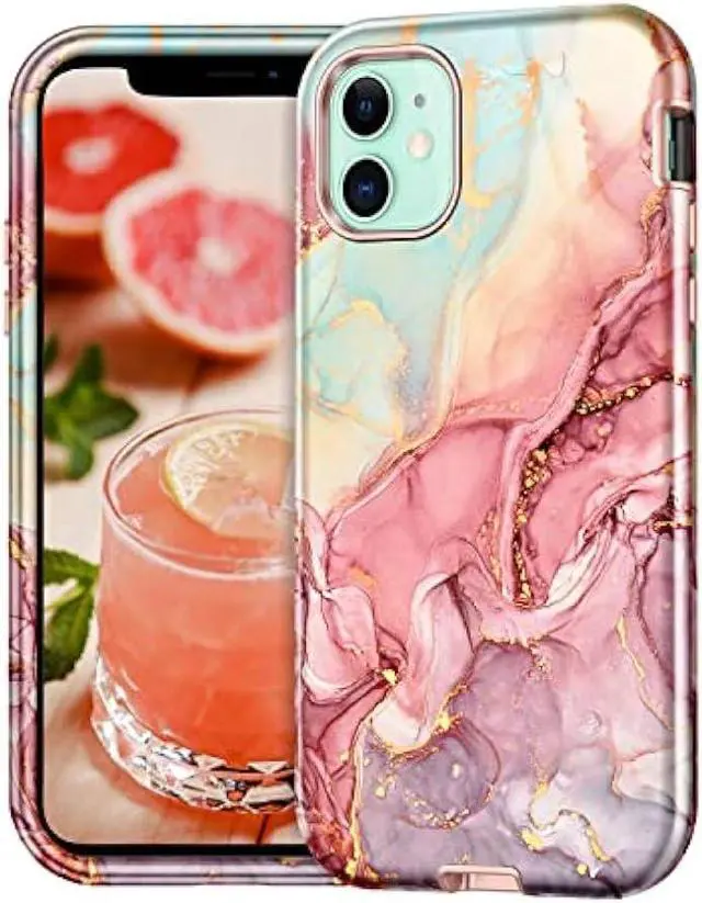 Alt view image 2 of 6 - CASEFIV Compatible with iPhone 11 Case,Marble Pattern 3 in 1 Heavy Duty Shockproof Full Body Rugged Hard PC+Soft Silicone Drop Protective Women Girls Cover for iPhone 11 6.1 inch, Rose Gold