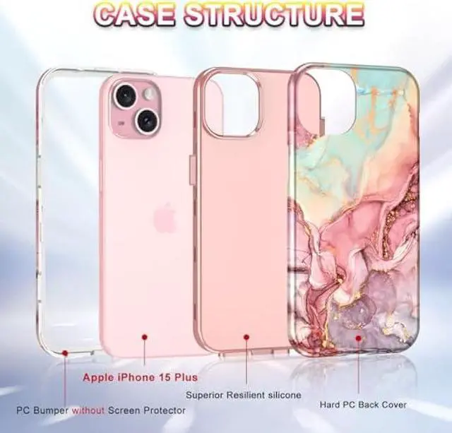 Alt view image 2 of 7 - Btscase for iPhone 15 Plus Case 6.7 inch (2023), Marble Pattern 3 in 1 Heavy Duty Shockproof Full Body Hard PC+Soft Silicone Drop Protective Women Girls Cover for iPhone 15 Plus, Rose Gold