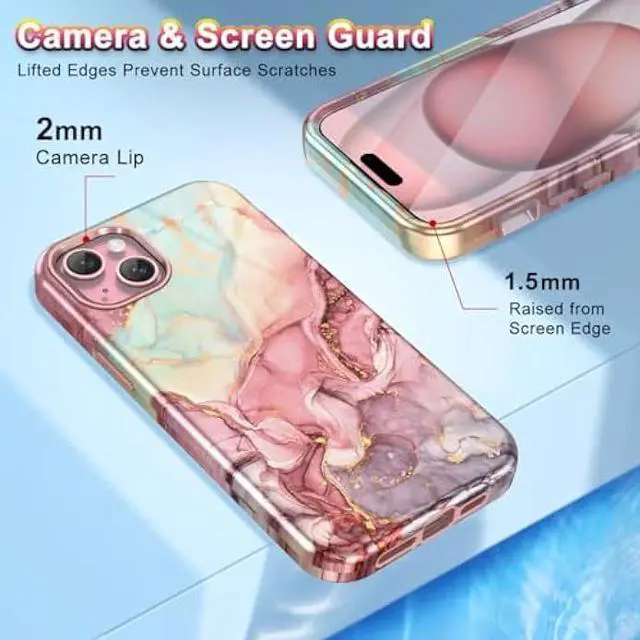 Alt view image 4 of 7 - Btscase for iPhone 15 Plus Case 6.7 inch (2023), Marble Pattern 3 in 1 Heavy Duty Shockproof Full Body Hard PC+Soft Silicone Drop Protective Women Girls Cover for iPhone 15 Plus, Rose Gold