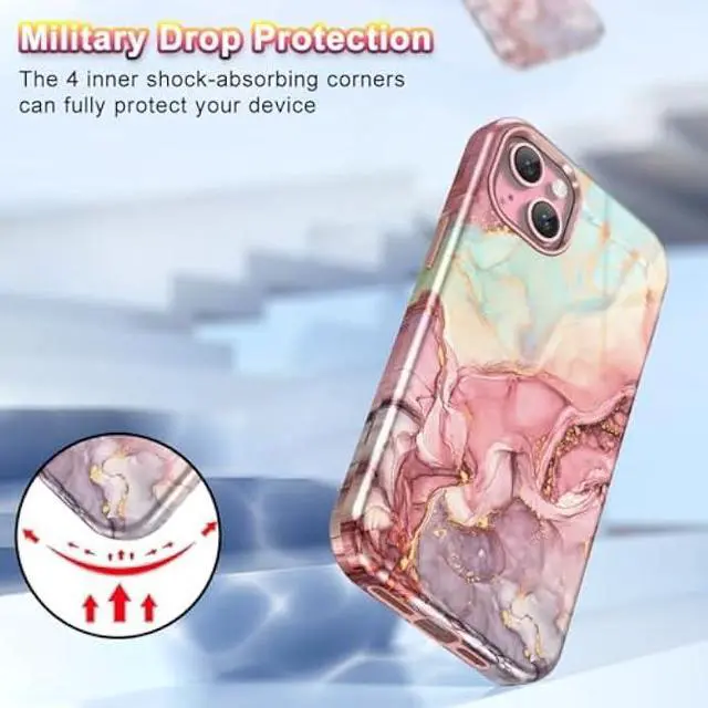 Alt view image 5 of 7 - Btscase for iPhone 15 Plus Case 6.7 inch (2023), Marble Pattern 3 in 1 Heavy Duty Shockproof Full Body Hard PC+Soft Silicone Drop Protective Women Girls Cover for iPhone 15 Plus, Rose Gold