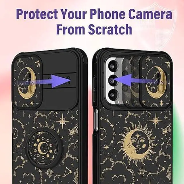 Alt view image 4 of 6 - Funermei (2in1 for Samsung Galaxy A23 5G Case Sun Moon Women Girls Cute Phone Cover Pretty Space Aesthetic Sun and Moon Stars Design with Camera Cover and Ring Stand for Galaxy A23 5G/4G Case