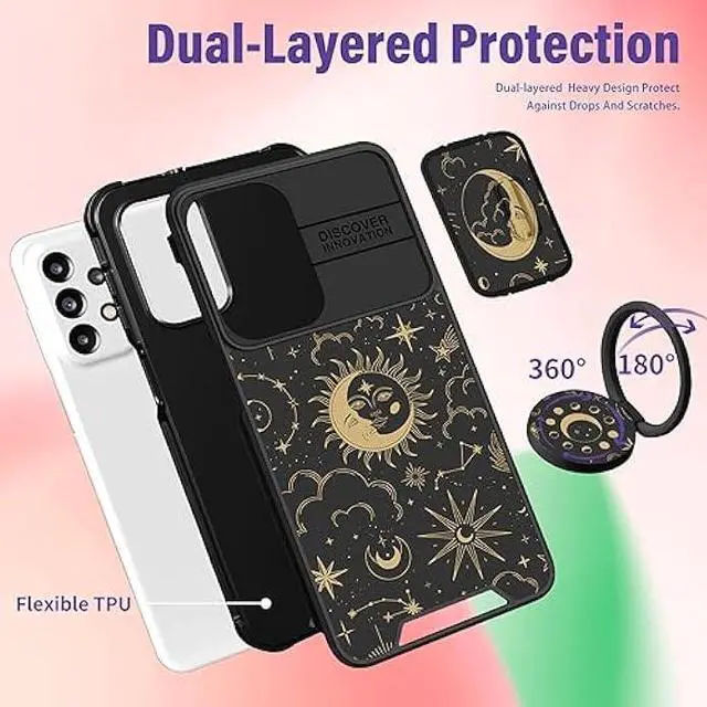 Alt view image 5 of 6 - Funermei (2in1 for Samsung Galaxy A23 5G Case Sun Moon Women Girls Cute Phone Cover Pretty Space Aesthetic Sun and Moon Stars Design with Camera Cover and Ring Stand for Galaxy A23 5G/4G Case