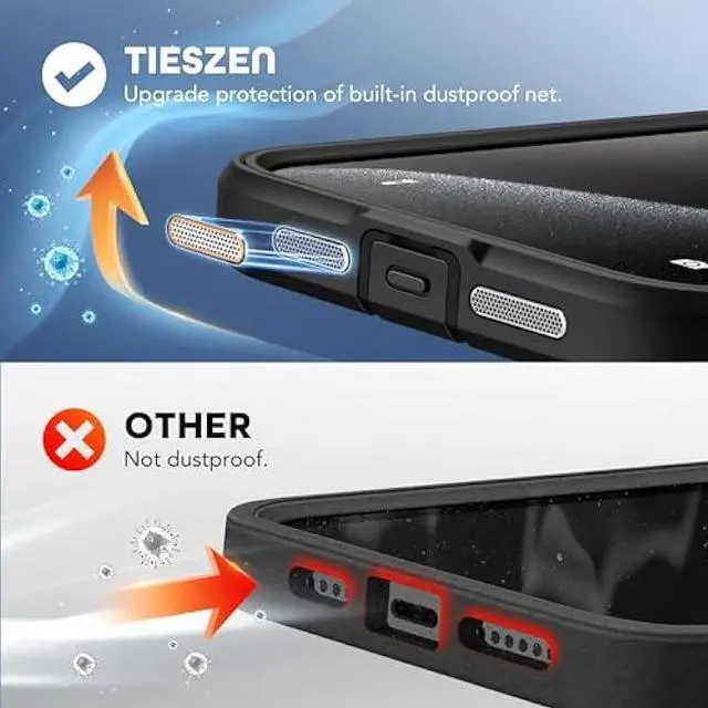 Alt view image 4 of 6 - TIESZEN Magnetic for iPhone 15 Pro Max Case, [Dustproof Design] Shockproof Rugged Phone Case, Compatible with Magsafe, Built-in 9H Tempered Glass Screen Protector & 3X Camera Lens Protector, Black