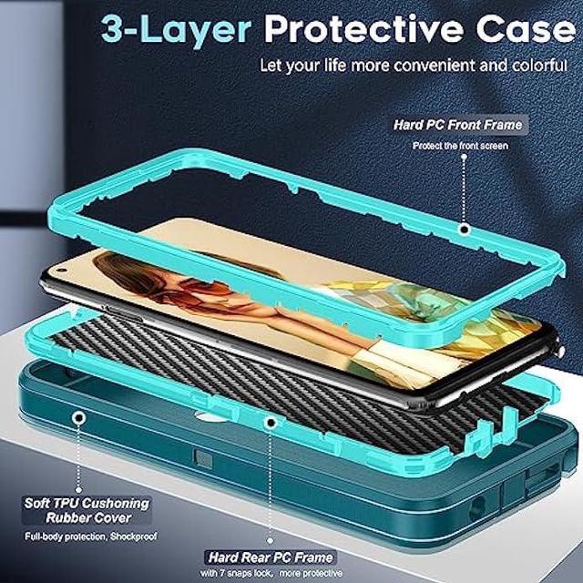 Alt view image 3 of 6 - LeYi for Moto G Stylus 5G 2021 Case: with 2 PCS Tempered Glass Screen Protector, Heavy Duty 3 in 1 Moto G Stylus 2021 Case, Military Grade Shockproof Phone Case for Motorola Moto G Stylus 2021 (Teal)