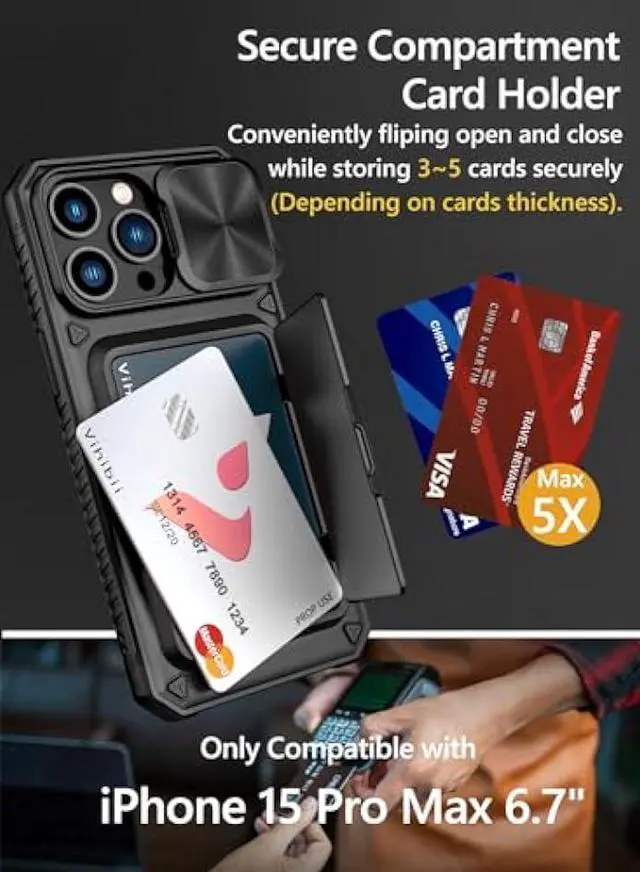Alt view image 2 of 6 - Vihibii for iPhone 15 Pro Max Case with Card Holder (4 Cards) & Slide Camera Cover & Kickstand, Military Grade Drop Protection, Rugged Hard Back & Silicone Edge Wallet Phone Case, 6.7 2023, Black