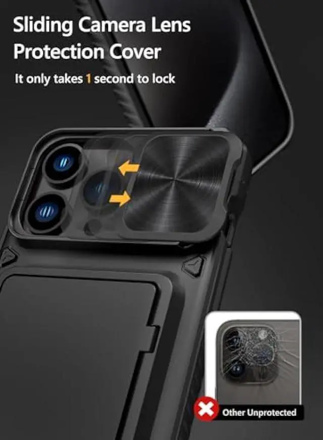 Alt view image 3 of 6 - Vihibii for iPhone 15 Pro Max Case with Card Holder (4 Cards) & Slide Camera Cover & Kickstand, Military Grade Drop Protection, Rugged Hard Back & Silicone Edge Wallet Phone Case, 6.7 2023, Black